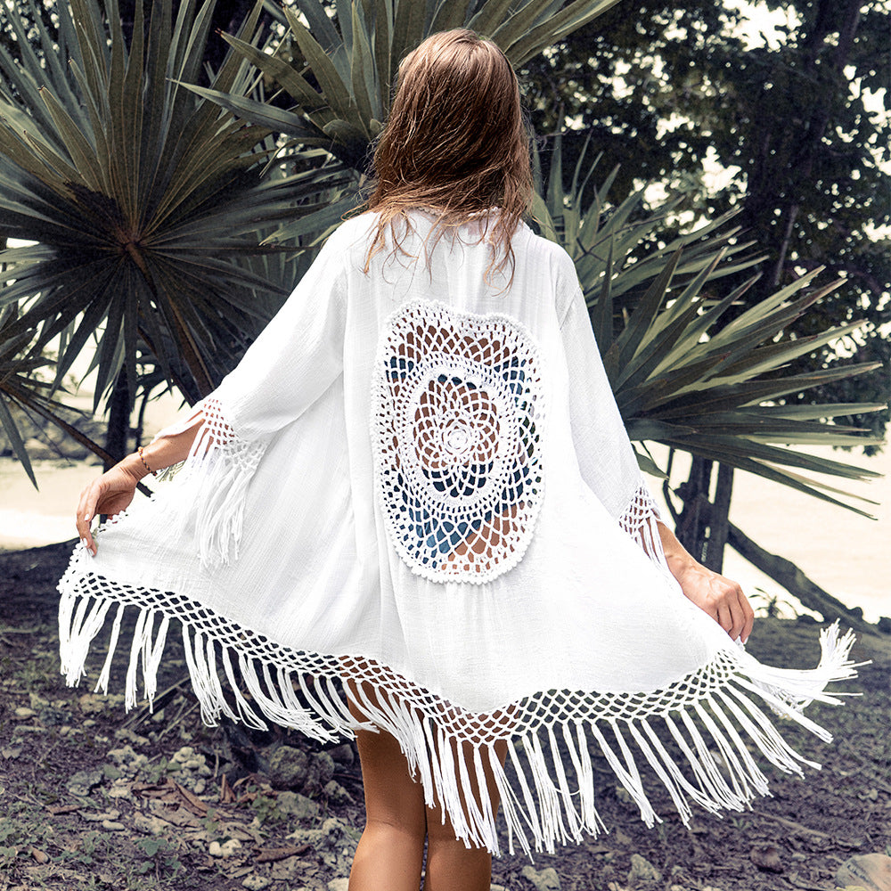 2025 new bamboo cotton hollow round sunscreen shirt, loose bikini outer cardigan beach blouse