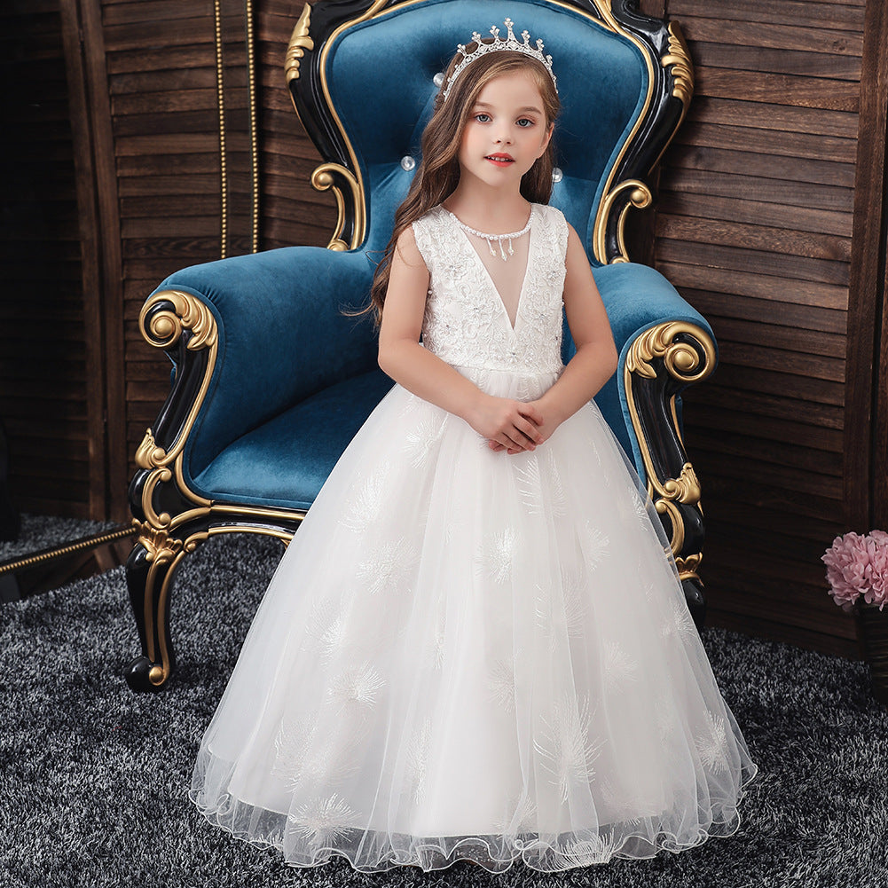 ZllKl Children's Dress Princess Dress Super Fairy White Long Style Flower Girl Wedding Dress Girl Mesh Bubble Skirt Hot