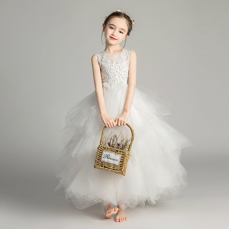 ZllKl Children's Dress Girls' Princess Dress Tulle Tutu Western Style Flower Girl's Birthday Wedding Dress Host Costume for Piano Performance Catwalk Show