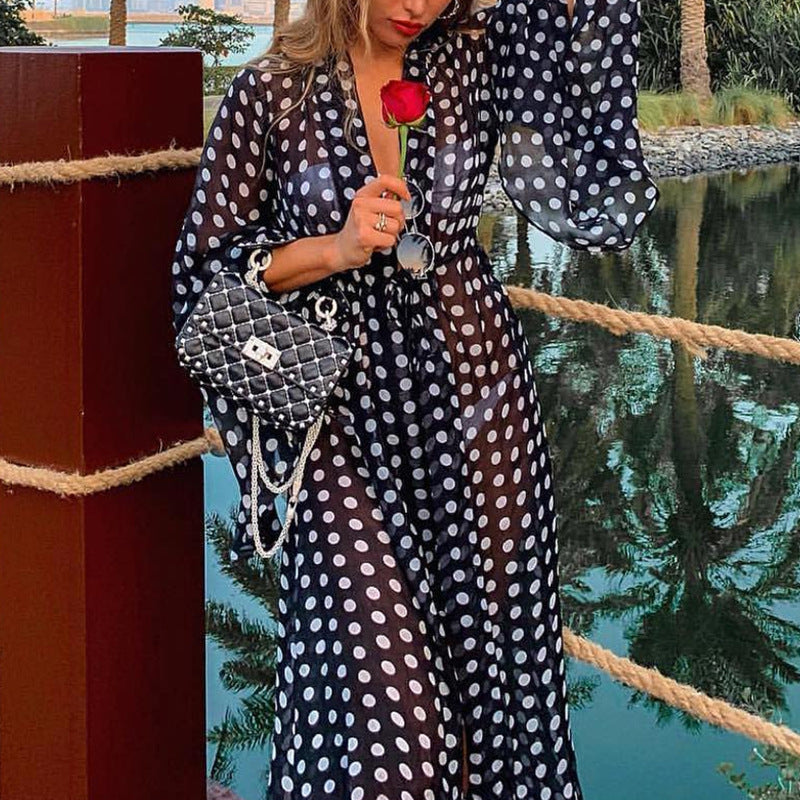 2025 Popular, new loose chiffon polka dot cardigan beach blouse, holiday bikini with sunscreen shirt for women