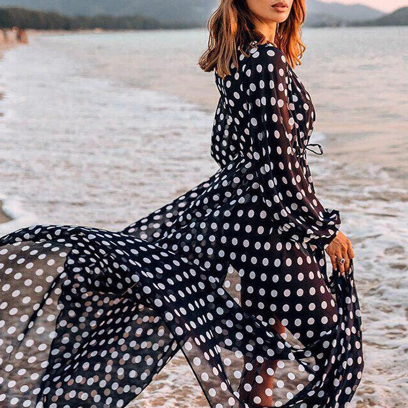 2025 Popular, new loose chiffon polka dot cardigan beach blouse, holiday bikini with sunscreen shirt for women