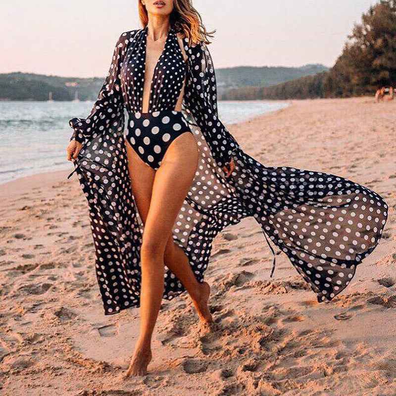 2025 Popular, new loose chiffon polka dot cardigan beach blouse, holiday bikini with sunscreen shirt for women