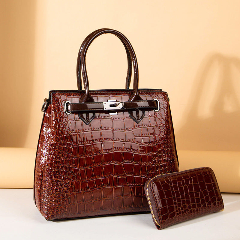 ZLLKL 2025Crocodile pattern patent leather women's bag popular new two-piece set, portable single shoulder oblique span bag, female wholesale factory hair