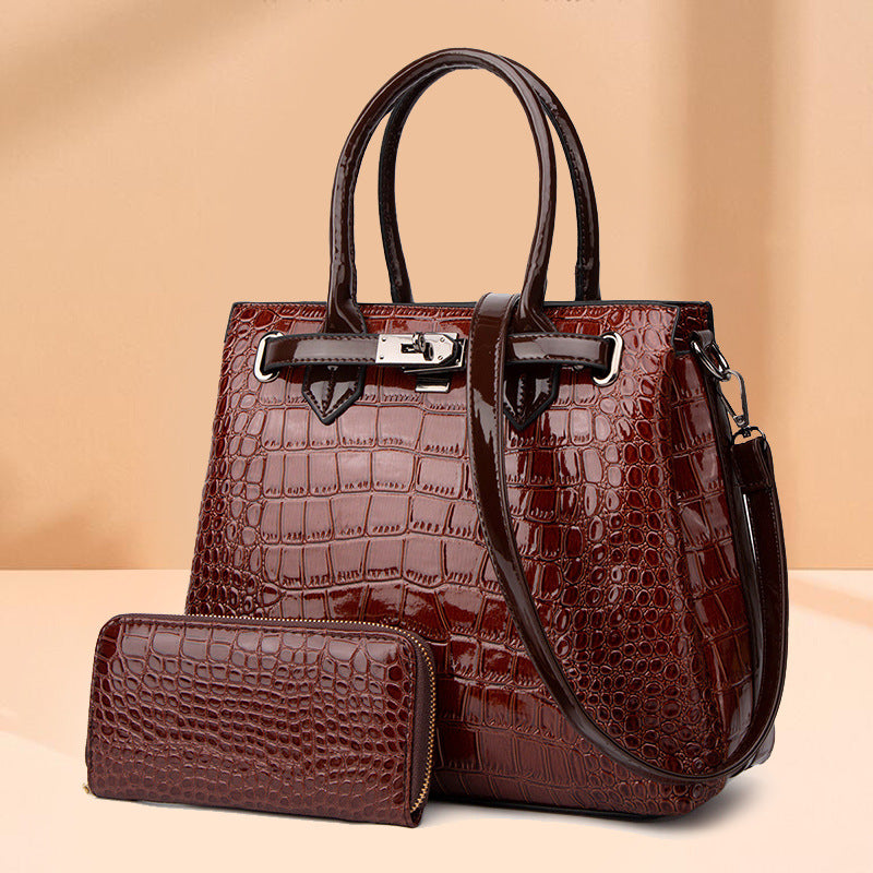 ZLLKL 2025Crocodile pattern patent leather women's bag popular new two-piece set, portable single shoulder oblique span bag, female wholesale factory hair
