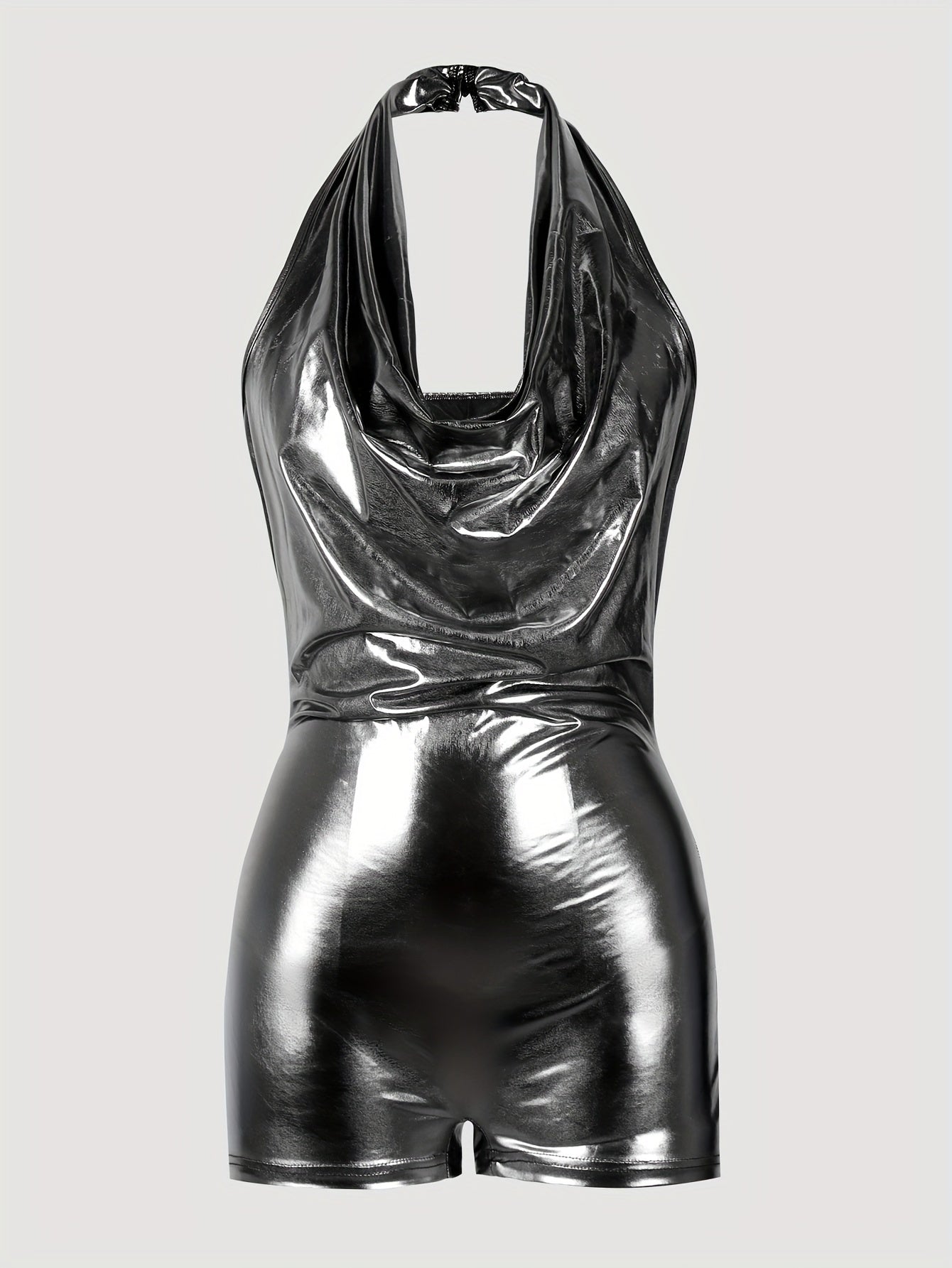 Sleek Y2K-Inspired Backless Metallic Halter Romper - Sleeveless, Figure-Hugging Partywear for Women