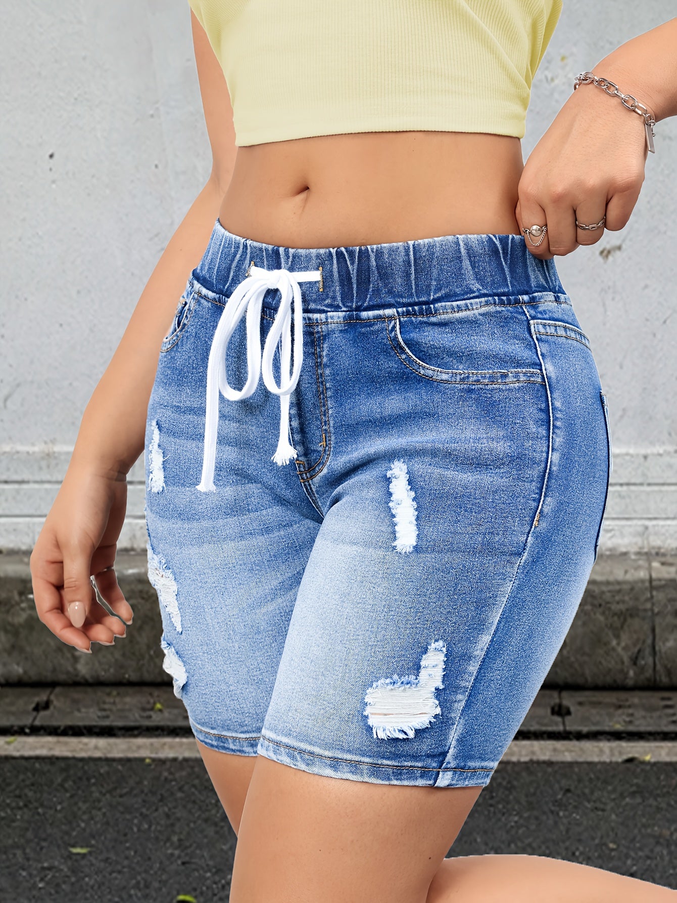 ZllKl Women's Blue Ripped Denim Bermuda Shorts With Elastic Waist And Distressed Details, Casual Fashion Style