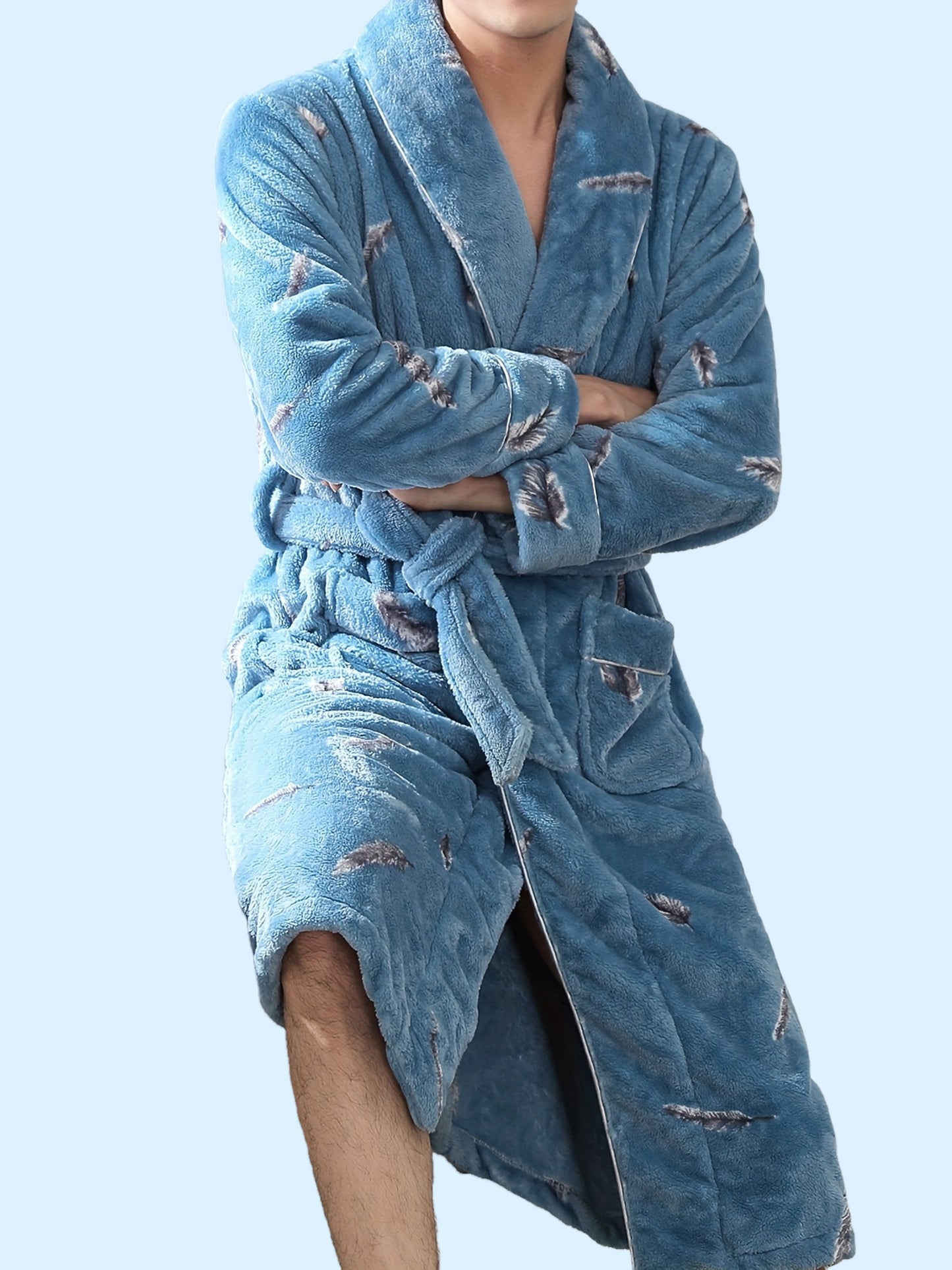 Men's Comfy Solid Fleece Warm Thickened Robe Home Lapel Pajamas Wear With Pockets, One-piece Lace Up Kimono Night-robe Warm Sets After Bath