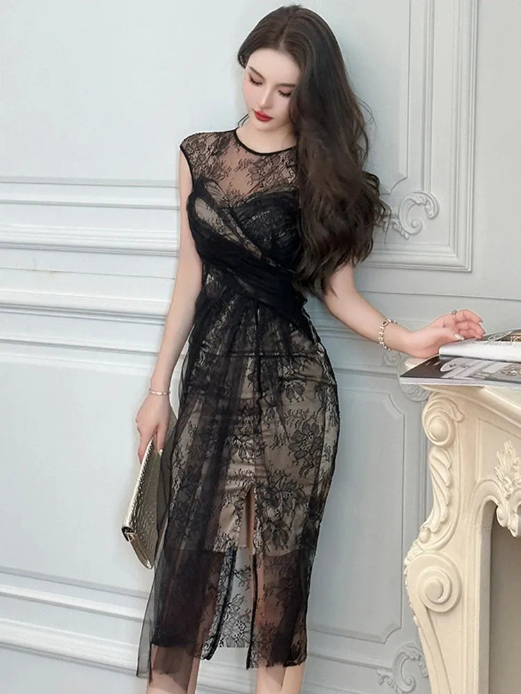 Basic Casual Dresses Women Fashion French Retro Maxi Dress Woman Sheer Mesh Lace Embroidery Skinny Robe Party Vestidos Prom Banquet Gown Femme