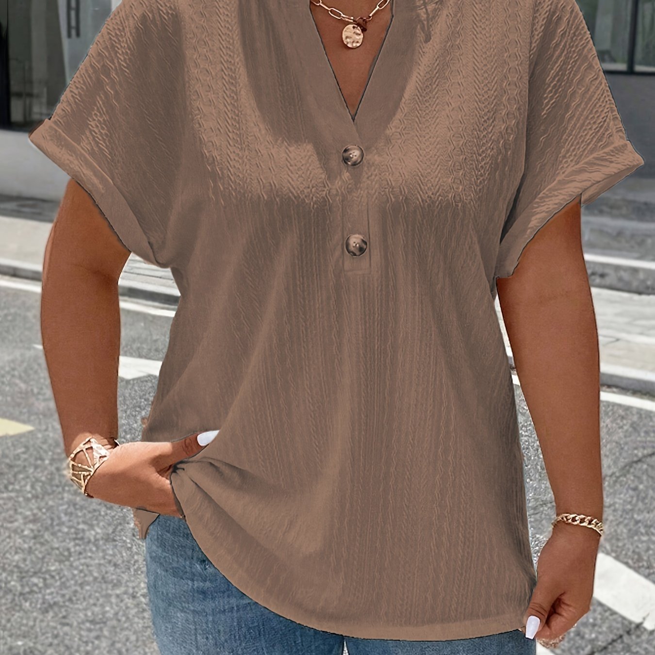 ZllKl Plus Size Simple Solid Blouse, Casual V Neck Short Sleeve Blouse For Spring & Summer, Women's Plus Size Clothing