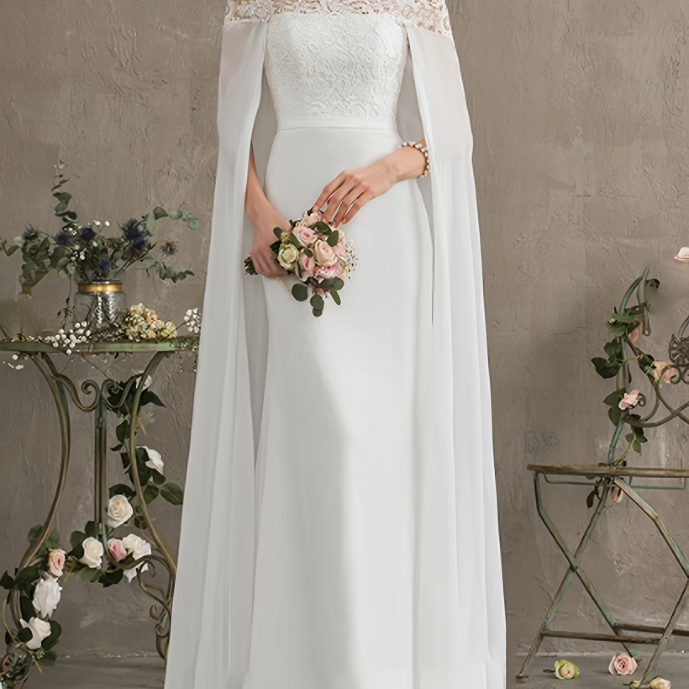 Long Length Off the Shoulder Bodycon Wedding Dress - Elegant Solid Contrast Lace Cape Design, Micro Elasticity Mesh Fabric, Pleated Hem, Chest Pad, Spring/Summer/Fall Season - Womens Elegant Occasion Dress for Wedding/Evening/Engagement/Ceremony