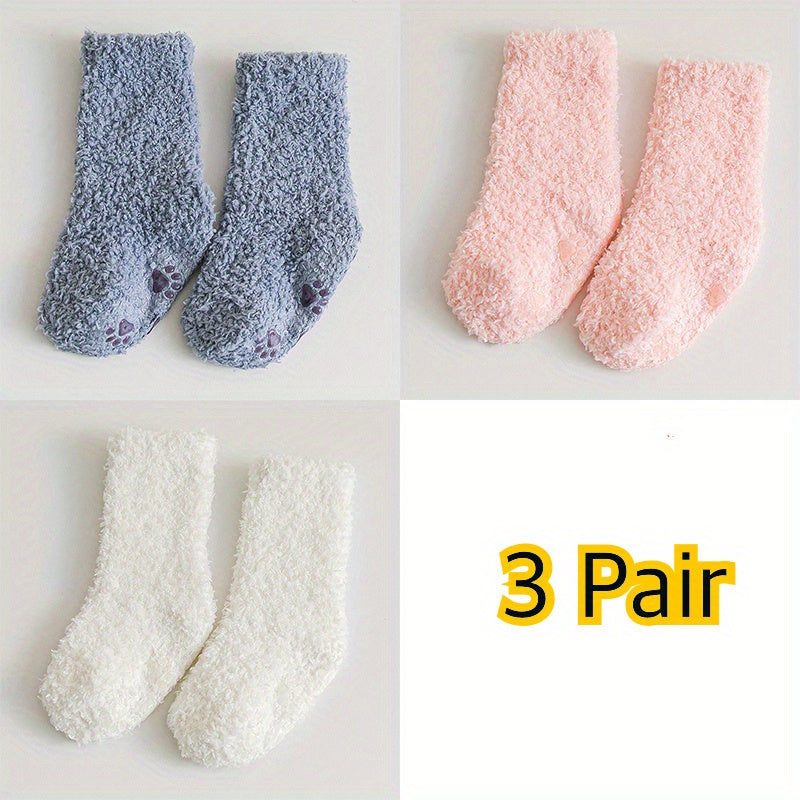 3pairs Baby Boys Kids Thickened Warm Coral Fleece Socks For Winter, Anti-skid Socks, 0-5 Years Old Toddlers Children's Trendy Socks