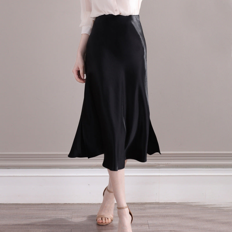 2025 Satin triacetic acid fishtail skirt, thin high waist hip skirt, medium and long skirt spring and autumn women's clothing