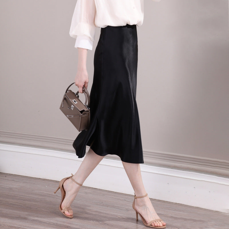 2025 Satin triacetic acid fishtail skirt, thin high waist hip skirt, medium and long skirt spring and autumn women's clothing