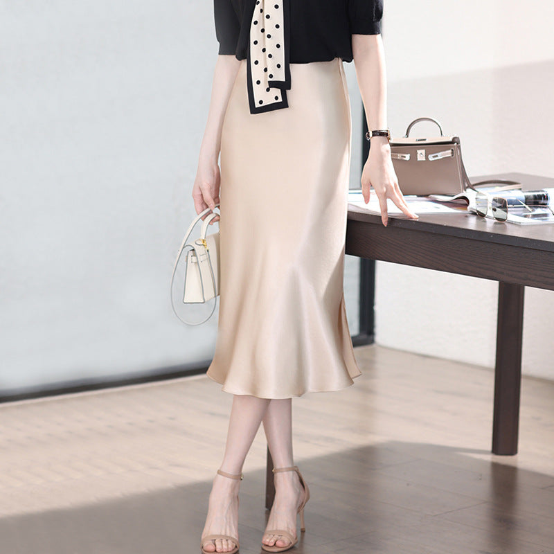 2025 Satin triacetic acid fishtail skirt, thin high waist hip skirt, medium and long skirt spring and autumn women's clothing