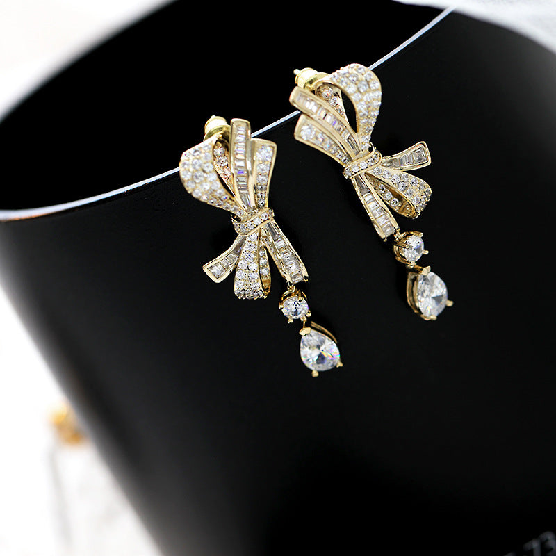 2025 atmospheric S925 silver needle high-end earrings, new zircon water drop earrings, three-dimensional bow earrings