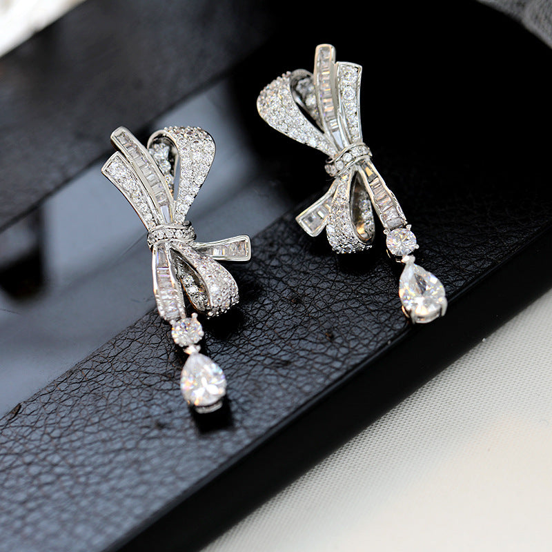 2025 atmospheric S925 silver needle high-end earrings, new zircon water drop earrings, three-dimensional bow earrings