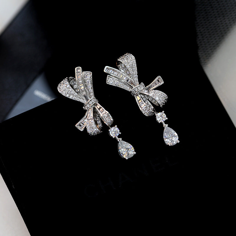2025 atmospheric S925 silver needle high-end earrings, new zircon water drop earrings, three-dimensional bow earrings