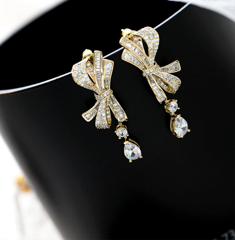2025 atmospheric S925 silver needle high-end earrings, new zircon water drop earrings, three-dimensional bow earrings