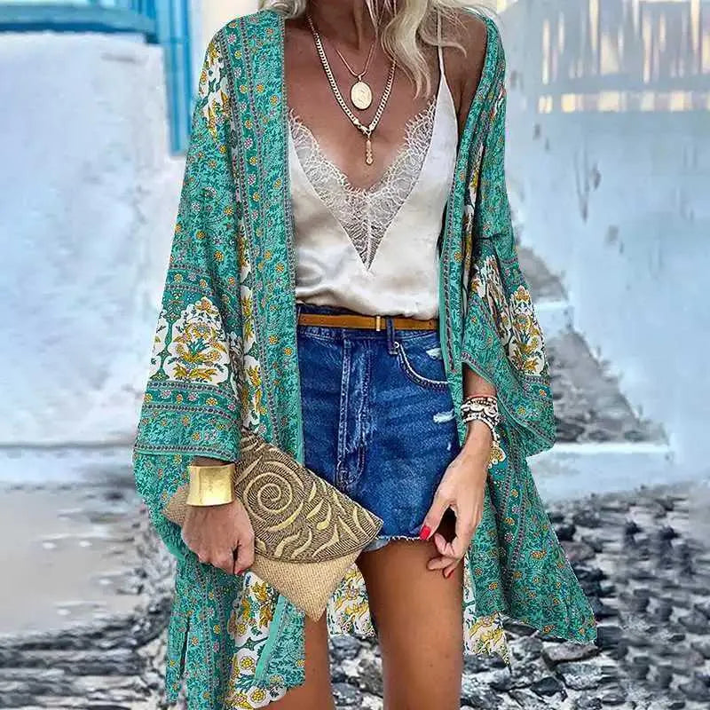 Women's Blouses Shirts Bohemian Printed Cardigan Womens Summer Blouses Kimono Cape ZANZEA Casual Long Slve Floral Blsua Female Open Front Tunic T240510