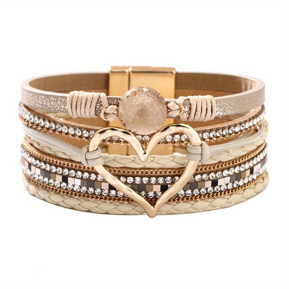 Trendy Bohemian Multilayer Bangle Bracelet - Handcrafted PU Leather with Golden Big Love Charm - Adjustable, Durable & Stylish - Perfect Boho Chic Accessory for Ladies