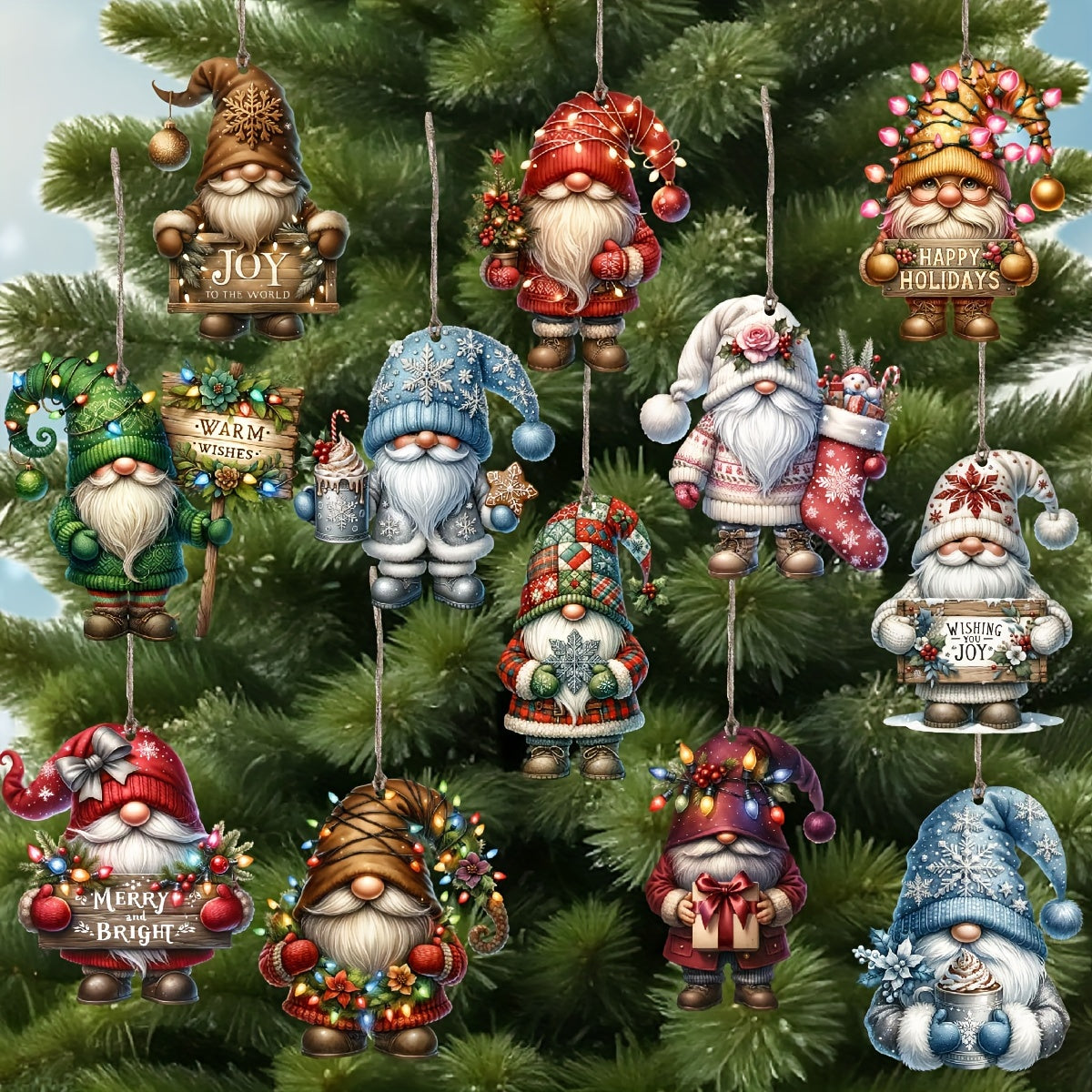 12 PCS Handcrafted Wooden Christmas Gnome Hanging Ornaments - No Batteries Required, Perfect Gift for the Holiday Season