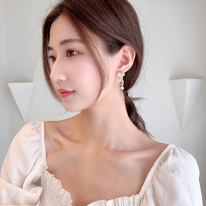 2025 atmospheric S925 silver needle high-end earrings, new zircon water drop earrings, three-dimensional bow earrings