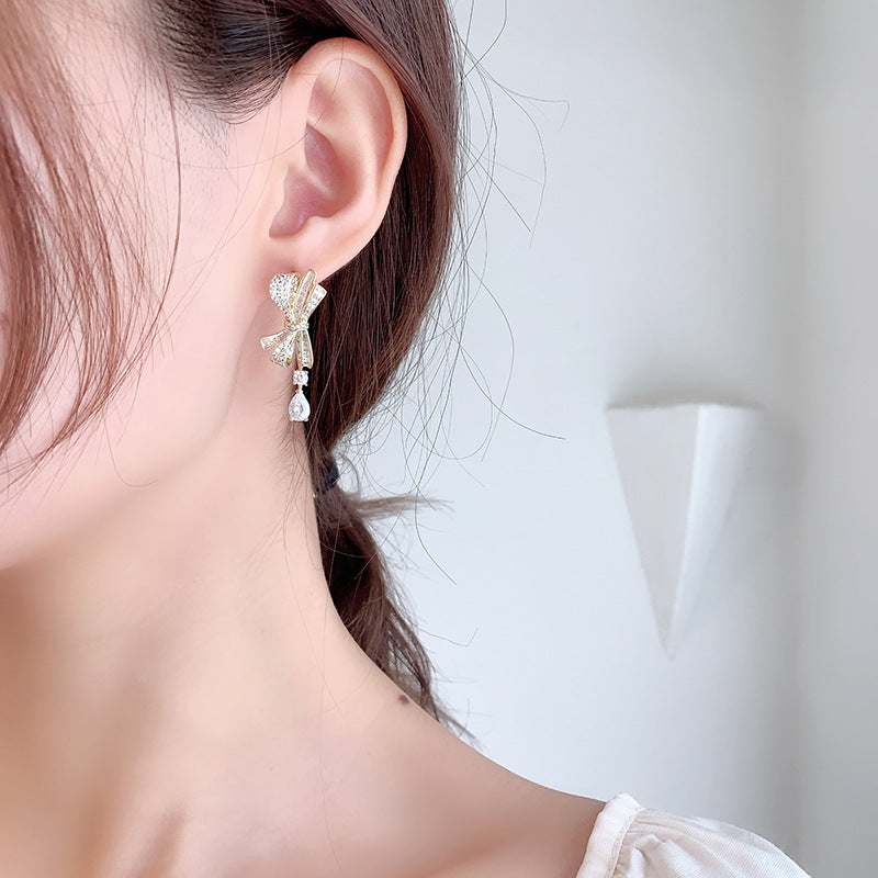 2025 atmospheric S925 silver needle high-end earrings, new zircon water drop earrings, three-dimensional bow earrings
