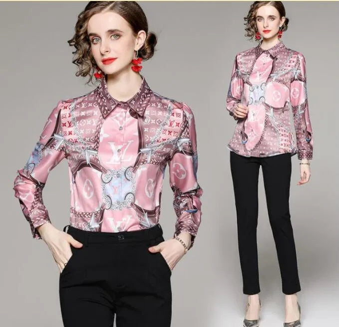 Designer Printed Black Shirts Women Runway Button Shirt Office Ladies Ribbon Bow Blouses Slim Fit Stylish Luxury Tops