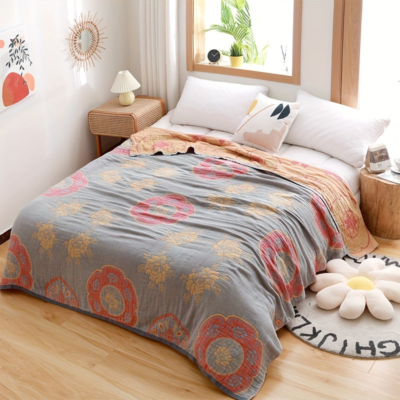 1pc Soft & Comfortable Peony Pattern Cotton Jacquard Blanket - Five-Layer Cotton Yarn Construction, Suitable for All Seasons, Perfect for Adult Sofa Nap Blanket, Four Seasons Blanket - 100% Cotton, Gentle on Skin, Breathable, and Absorbent