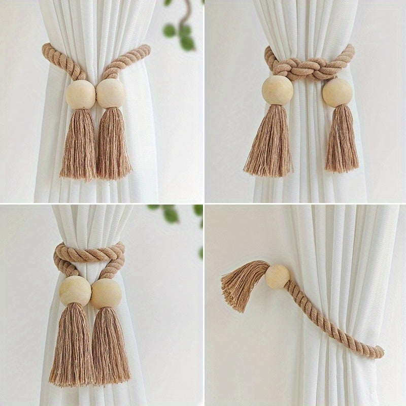 2pcs Magnetic Window Curtain Tiebacks Simple Wooden Tassel Curtain Buckle Curtain Holdback Suitable For Bedroom Living Room Kitchen Home Decoration