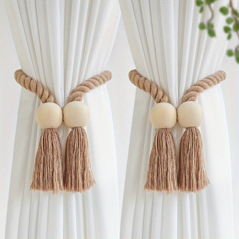 2pcs Magnetic Window Curtain Tiebacks Simple Wooden Tassel Curtain Buckle Curtain Holdback Suitable For Bedroom Living Room Kitchen Home Decoration