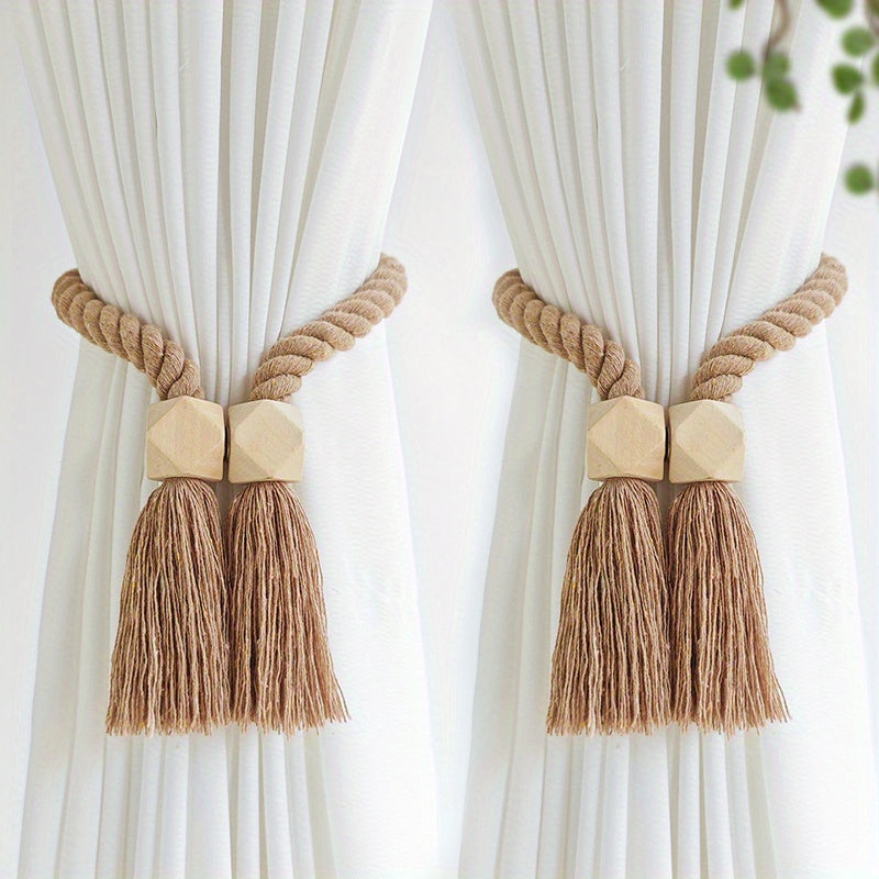 2pcs Magnetic Window Curtain Tiebacks Simple Wooden Tassel Curtain Buckle Curtain Holdback Suitable For Bedroom Living Room Kitchen Home Decoration
