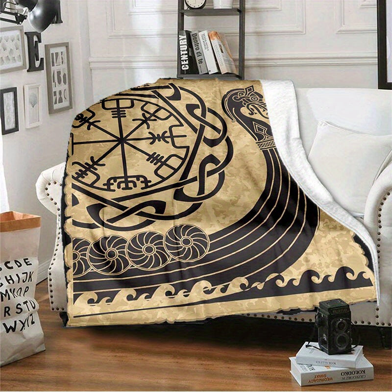 1pc Cozy Norse Mythology Viking Rune Digital Print Flannel Blanket - Ultra-Lightweight, Soft, and Padded for Four Seasons - Family, Picnic, Travel, and Casual Use - Machine Washable and Easy Care