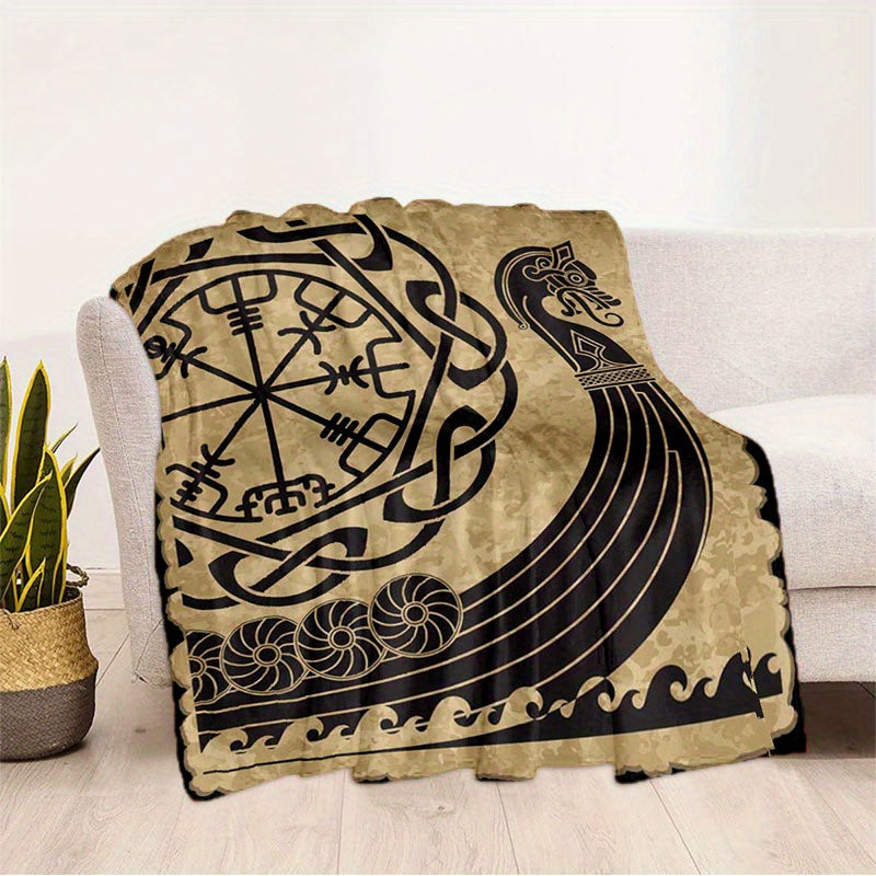 1pc Cozy Norse Mythology Viking Rune Digital Print Flannel Blanket - Ultra-Lightweight, Soft, and Padded for Four Seasons - Family, Picnic, Travel, and Casual Use - Machine Washable and Easy Care