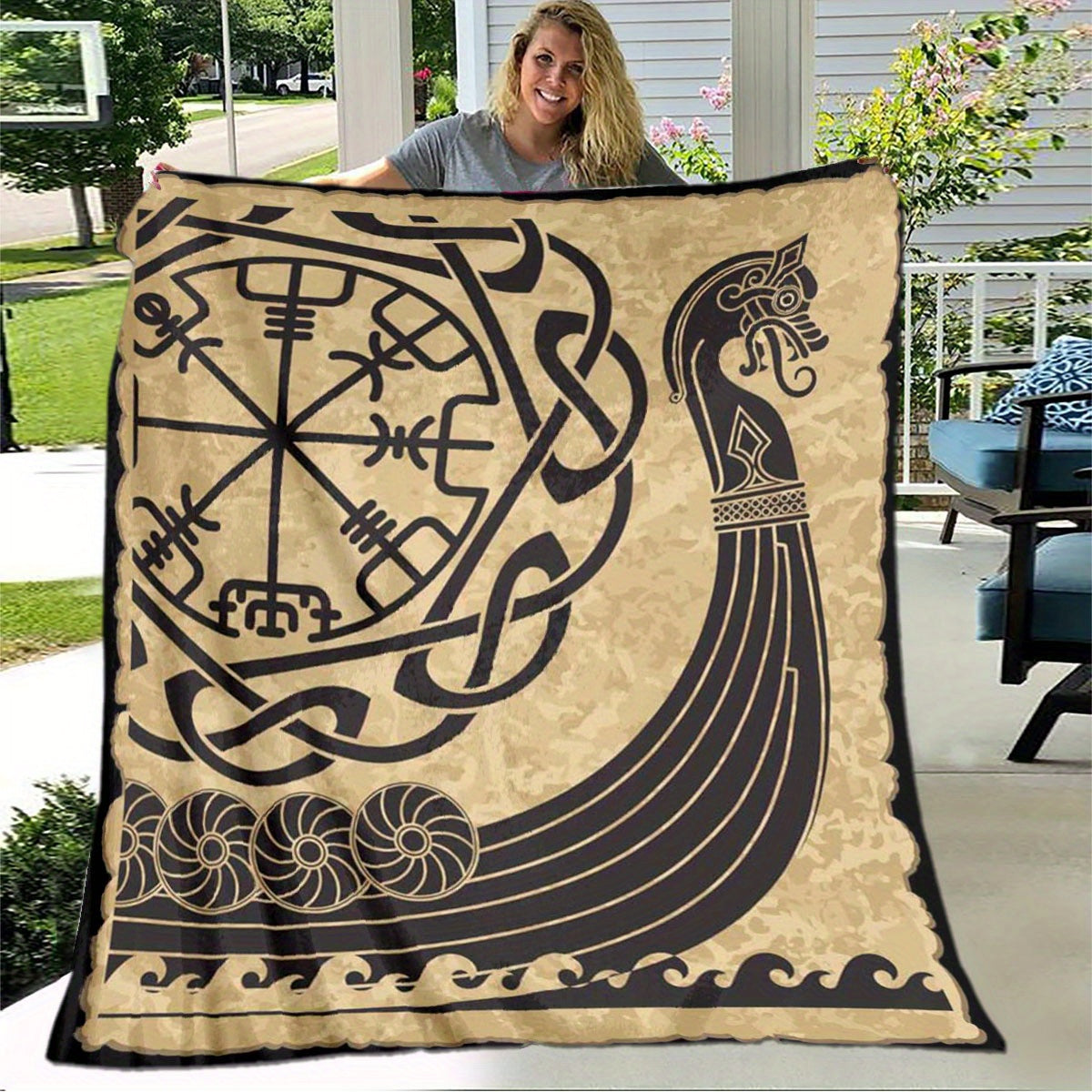 1pc Cozy Norse Mythology Viking Rune Digital Print Flannel Blanket - Ultra-Lightweight, Soft, and Padded for Four Seasons - Family, Picnic, Travel, and Casual Use - Machine Washable and Easy Care