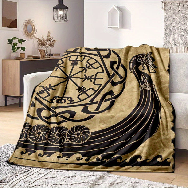 1pc Cozy Norse Mythology Viking Rune Digital Print Flannel Blanket - Ultra-Lightweight, Soft, and Padded for Four Seasons - Family, Picnic, Travel, and Casual Use - Machine Washable and Easy Care