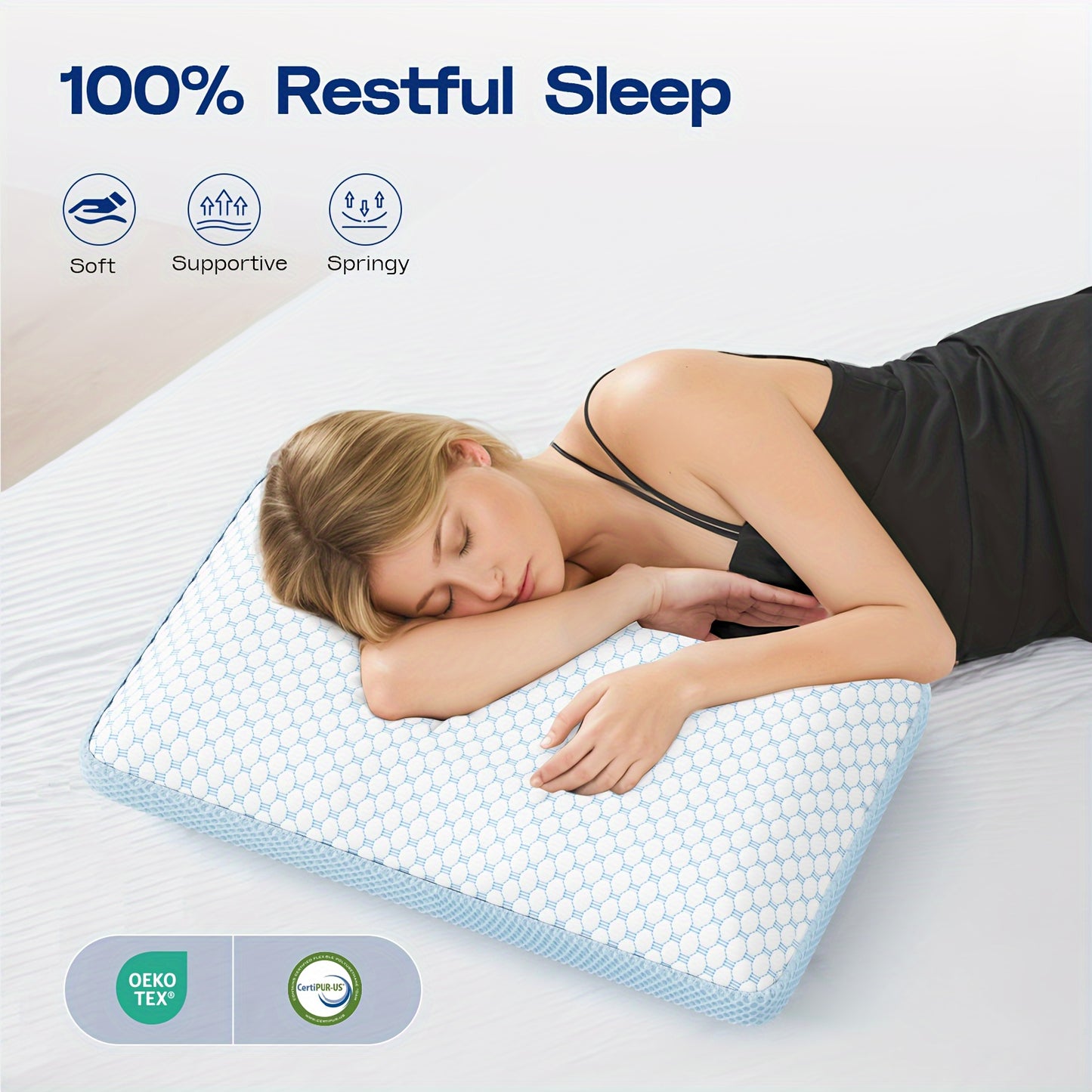 1pc Plush Memory Foam Pillow - Ultimate Cooling Support for Side, Back, Stomach Sleepers with Breathable, Hypoallergenic Dual-Sided Washable Cover, Zipper Closure, and Classic Style for Multi-Position Sleepers (White & Blue)