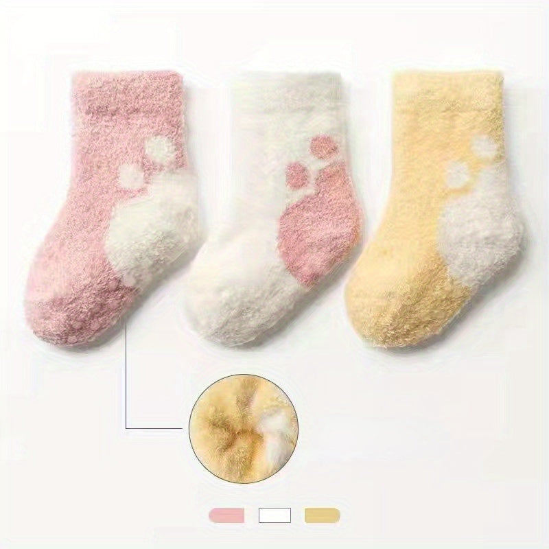 3 Pairs Baby Girl's Non-slip Winter Solid Color Plush Sleep Socks Thickened Warm Home Floor Socks