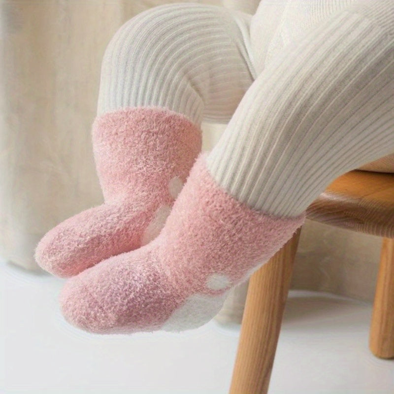 3 Pairs Baby Girl's Non-slip Winter Solid Color Plush Sleep Socks Thickened Warm Home Floor Socks