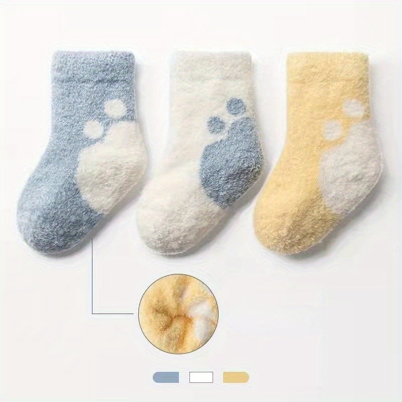 3 Pairs Baby Girl's Non-slip Winter Solid Color Plush Sleep Socks Thickened Warm Home Floor Socks