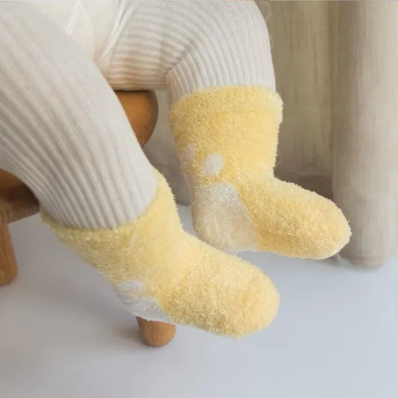 3 Pairs Baby Girl's Non-slip Winter Solid Color Plush Sleep Socks Thickened Warm Home Floor Socks