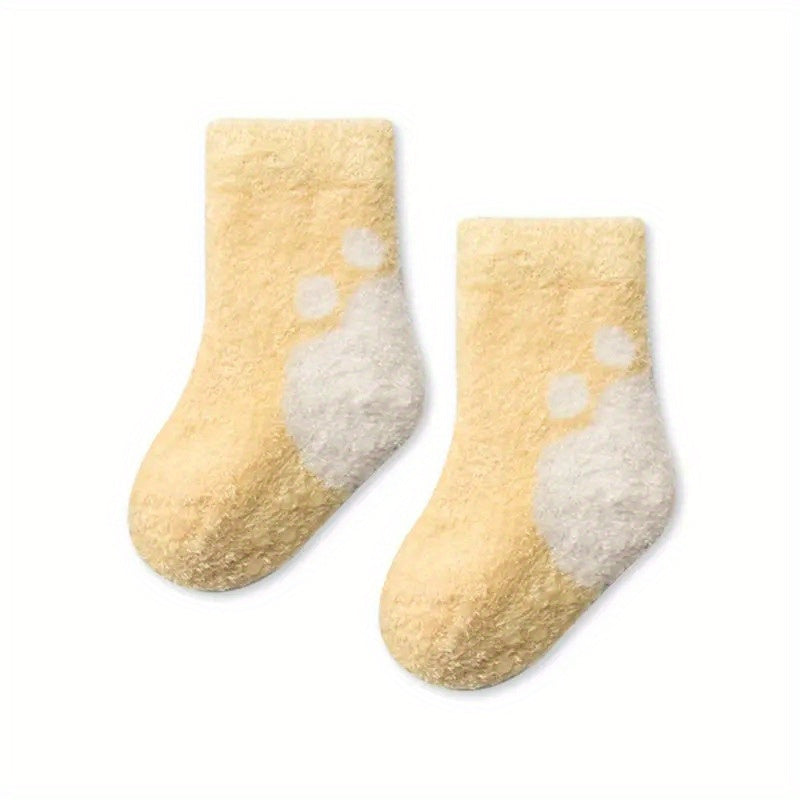 3 Pairs Baby Girl's Non-slip Winter Solid Color Plush Sleep Socks Thickened Warm Home Floor Socks