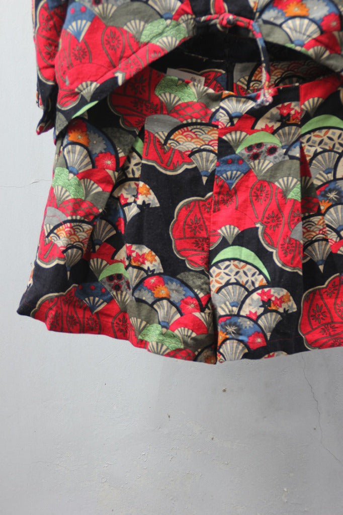 Special offer! cotton and linen fan-shaped flower dark pleated shorts, Japanese style, wide-leg pants K089 breathable and long legs