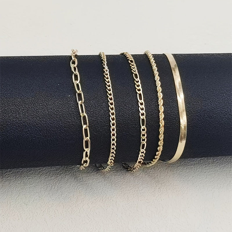 5pcs Stylish Unisex Hip Hop Link Chain Bracelet Set - Durable, Versatile, and Fashionable for Daily Wear, Perfect for Men and Women, Hand Jewelry Accessory with Adjustable Clasp for Comfortable Fit