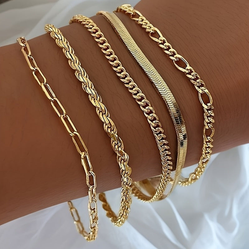 5pcs Stylish Unisex Hip Hop Link Chain Bracelet Set - Durable, Versatile, and Fashionable for Daily Wear, Perfect for Men and Women, Hand Jewelry Accessory with Adjustable Clasp for Comfortable Fit