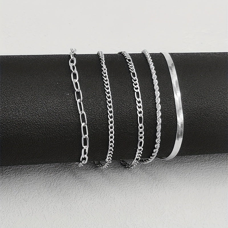 5pcs Stylish Unisex Hip Hop Link Chain Bracelet Set - Durable, Versatile, and Fashionable for Daily Wear, Perfect for Men and Women, Hand Jewelry Accessory with Adjustable Clasp for Comfortable Fit