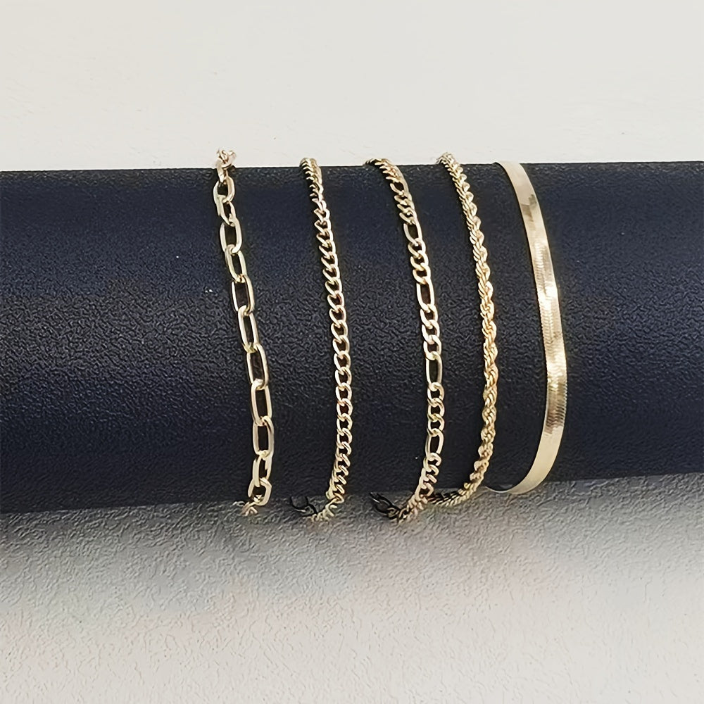 5pcs Stylish Unisex Hip Hop Link Chain Bracelet Set - Durable, Versatile, and Fashionable for Daily Wear, Perfect for Men and Women, Hand Jewelry Accessory with Adjustable Clasp for Comfortable Fit