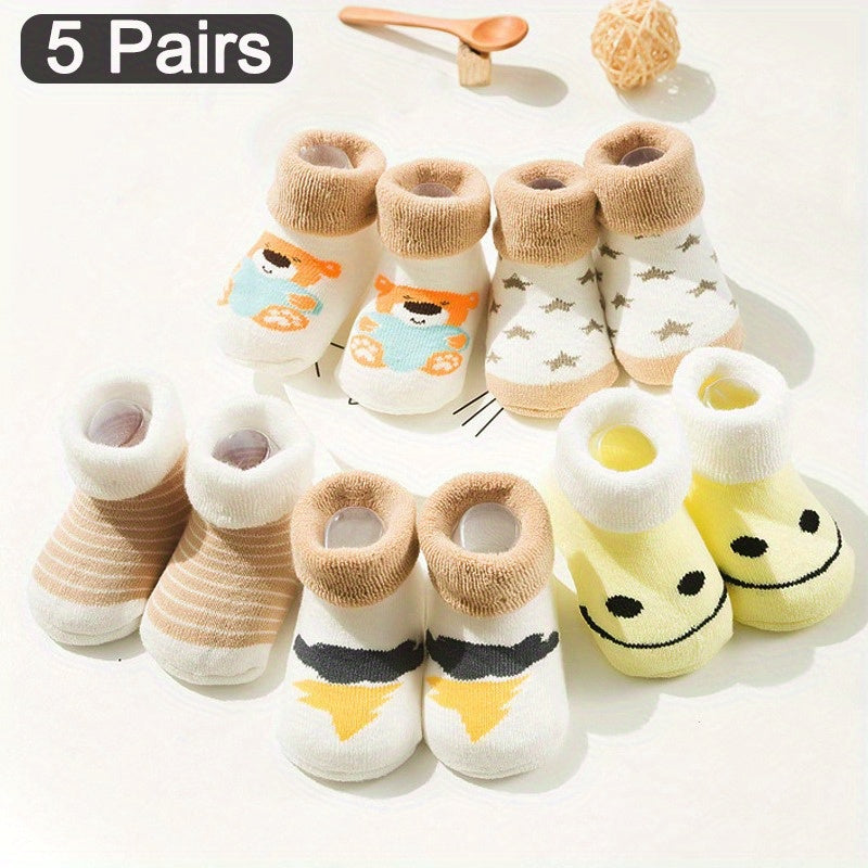 5 Pairs Toddler's Novelty Cartoon Cute Floor Socks, Cotton Breathable Thickened Warm Socks, Boys Girls Kids Socks For Autumn And Winter