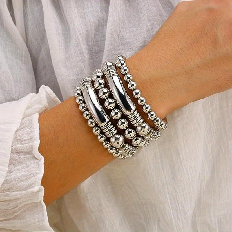 5 Pieces/ Set Metal Beads Decor Bracelets Simple Punk Style Trendy Female Bracelets With Gift Box