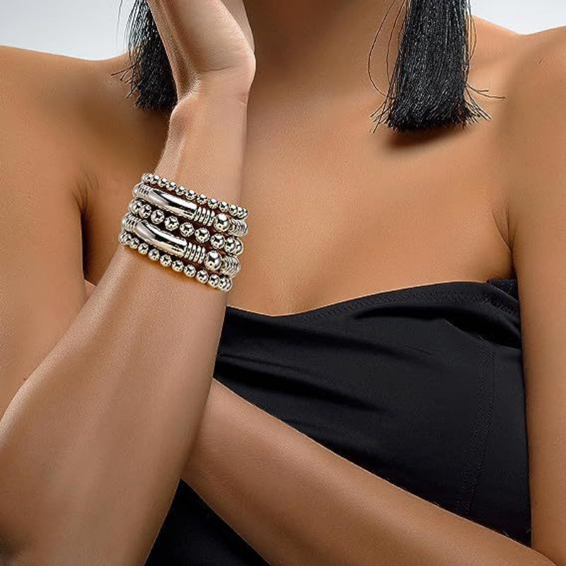 5 Pieces/ Set Metal Beads Decor Bracelets Simple Punk Style Trendy Female Bracelets With Gift Box